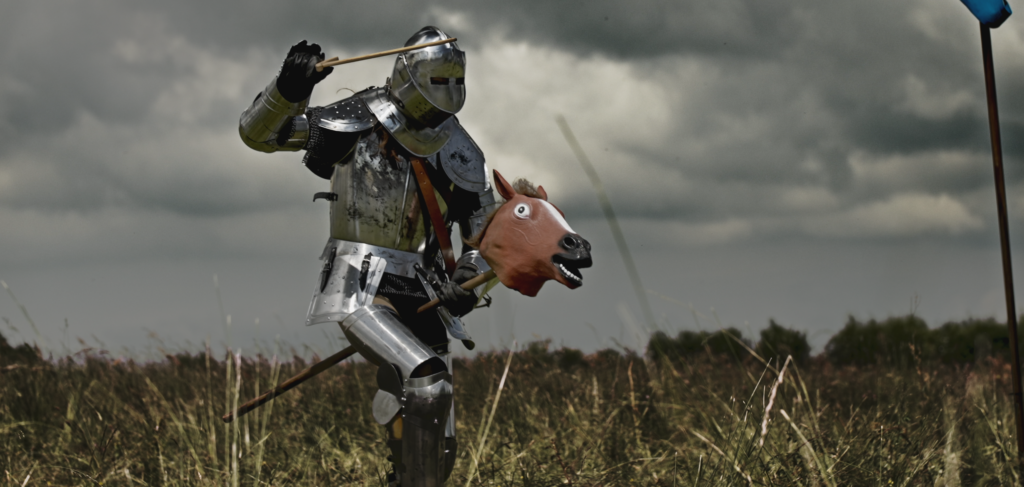 Gameloft, tournage Rival Knights, chevalier sur un stick horse