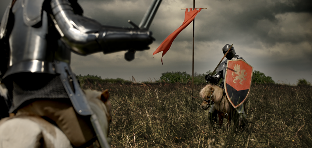 Gameloft, tournage Rival Knights, 2 chevaliers se faisant face sur des mini chevaux