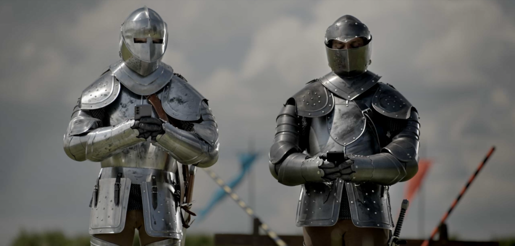 Gameloft, tournage Rival Knights, 2 chevaliers joue sur leur smartphone